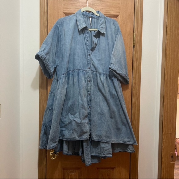 Free People Dresses & Skirts - Light Blue Denim Button-Front Tiered Mini Dress